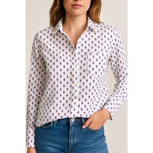 Frank & Eileen Eileen Button Up Shirt White Pink Pineapples Cotton XS Down